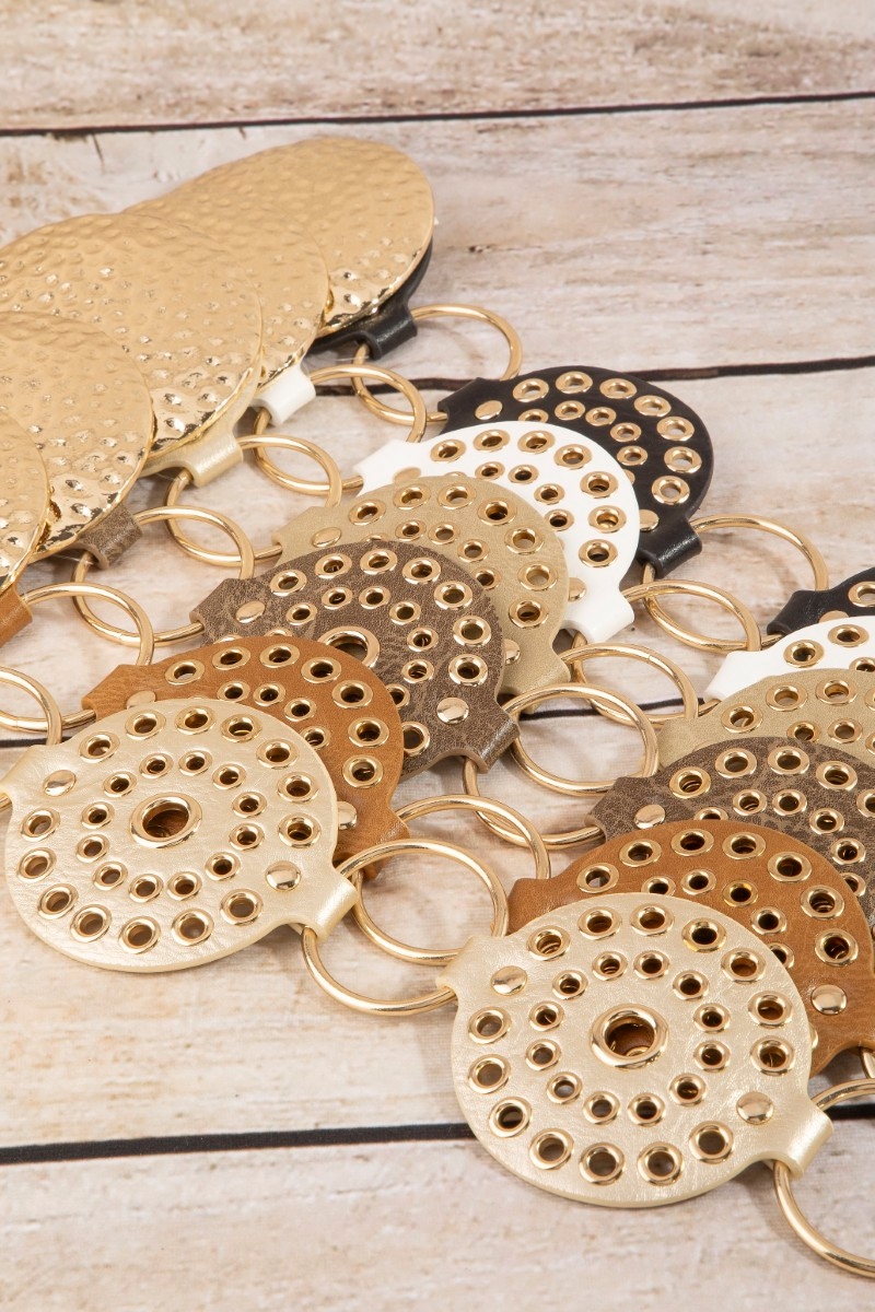 Hammered Medallion Chain Leather Studded Disc Belt