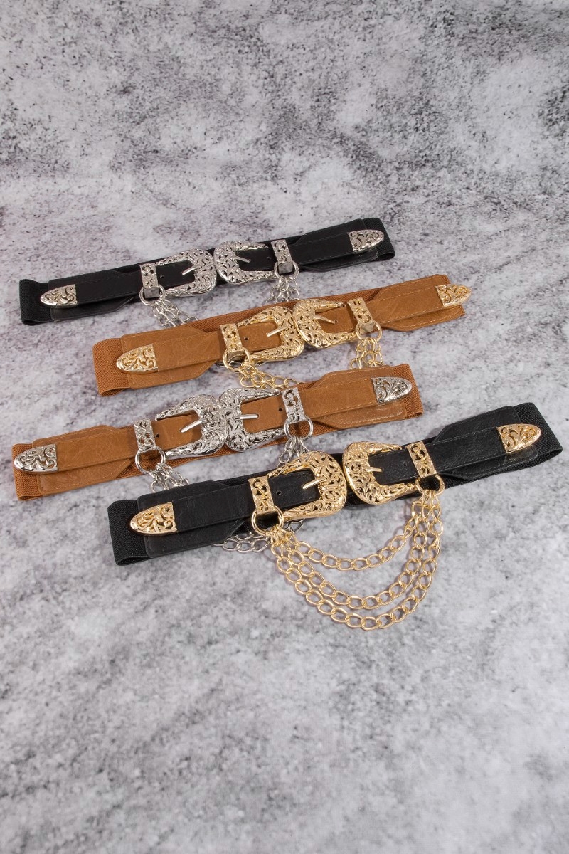 Gold Double Buckle Chain Detail Vegan Leather Belt