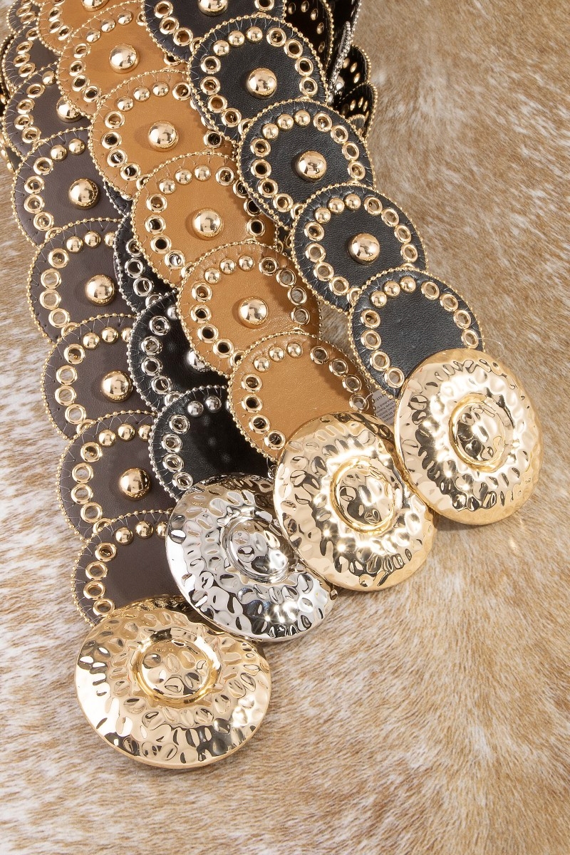 Gold Studded Circle Concho Wide Vegan Leather Belt