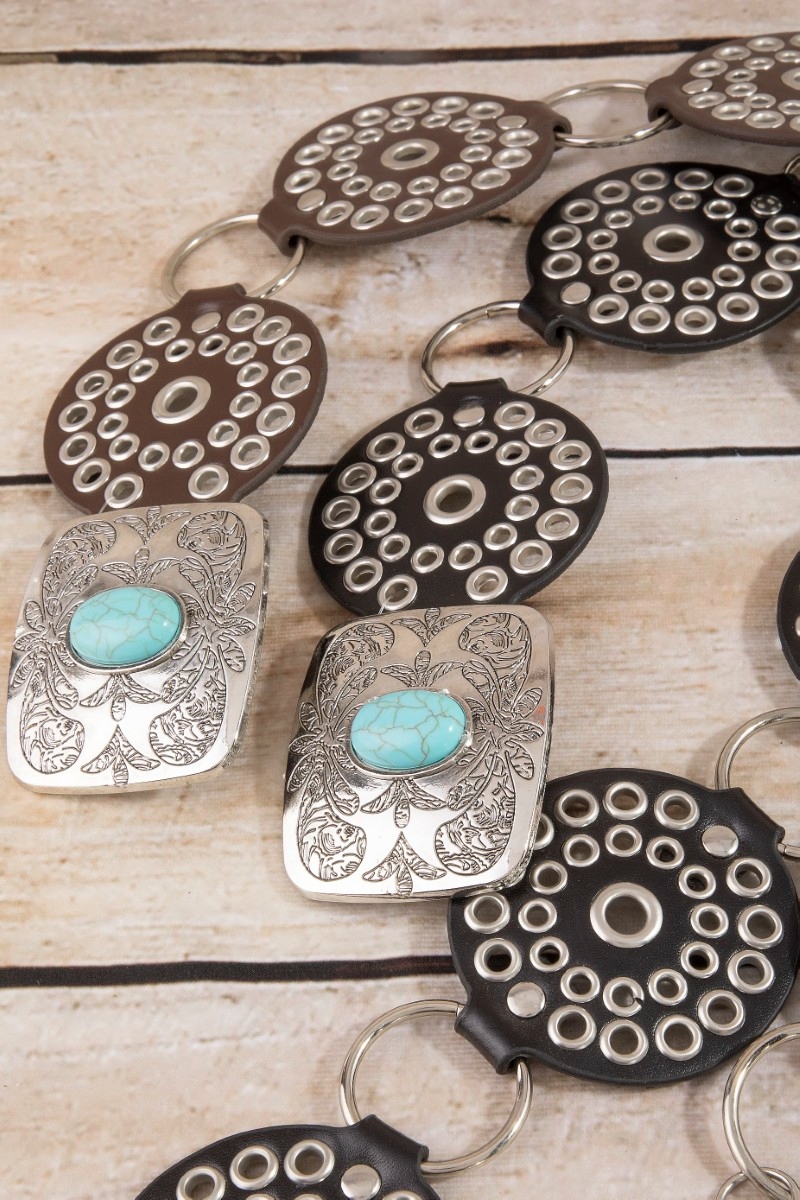 Vegan Leather Studded Disc Engraved Buckle Chain Belt