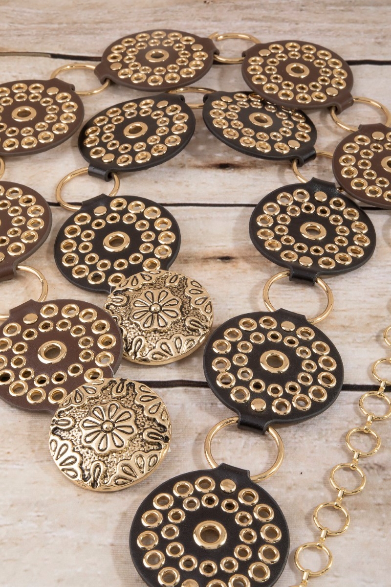 Vegan Leather Studded Disc Floral Concho Chain Belt