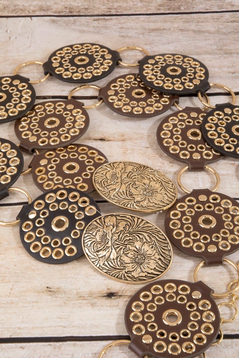 Vegan Leather Studded Disc Floral Medallion Chain Belt