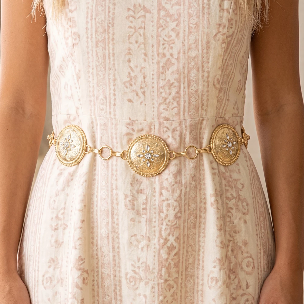 Crystal Flower Domed Disc Concho Chain Belt