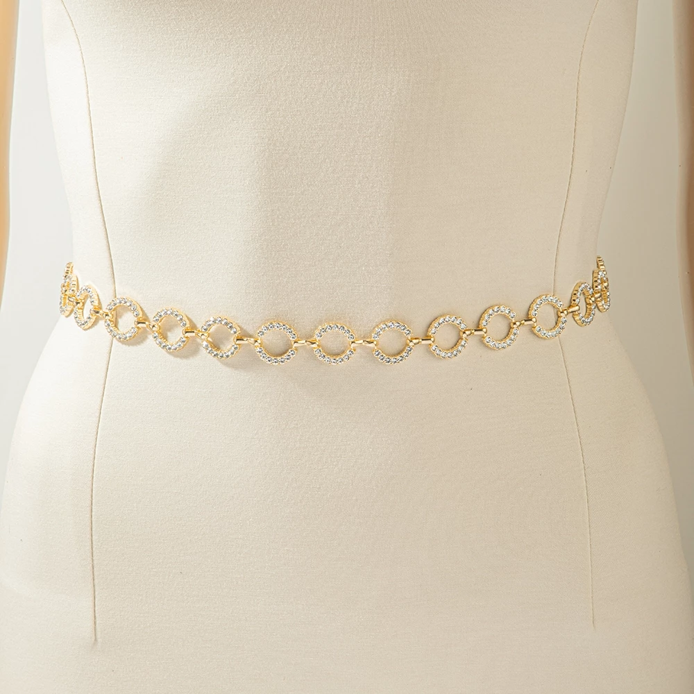 Crystal Pave Open Circle Chain Belt With Flower Charm