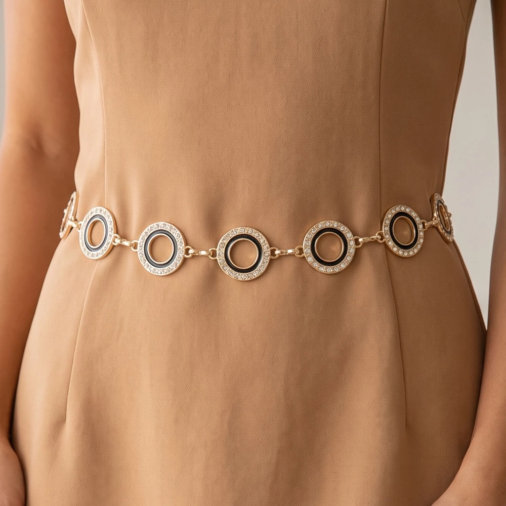 Enamel Ring Crystal Halo Circle Link Chain Belt
