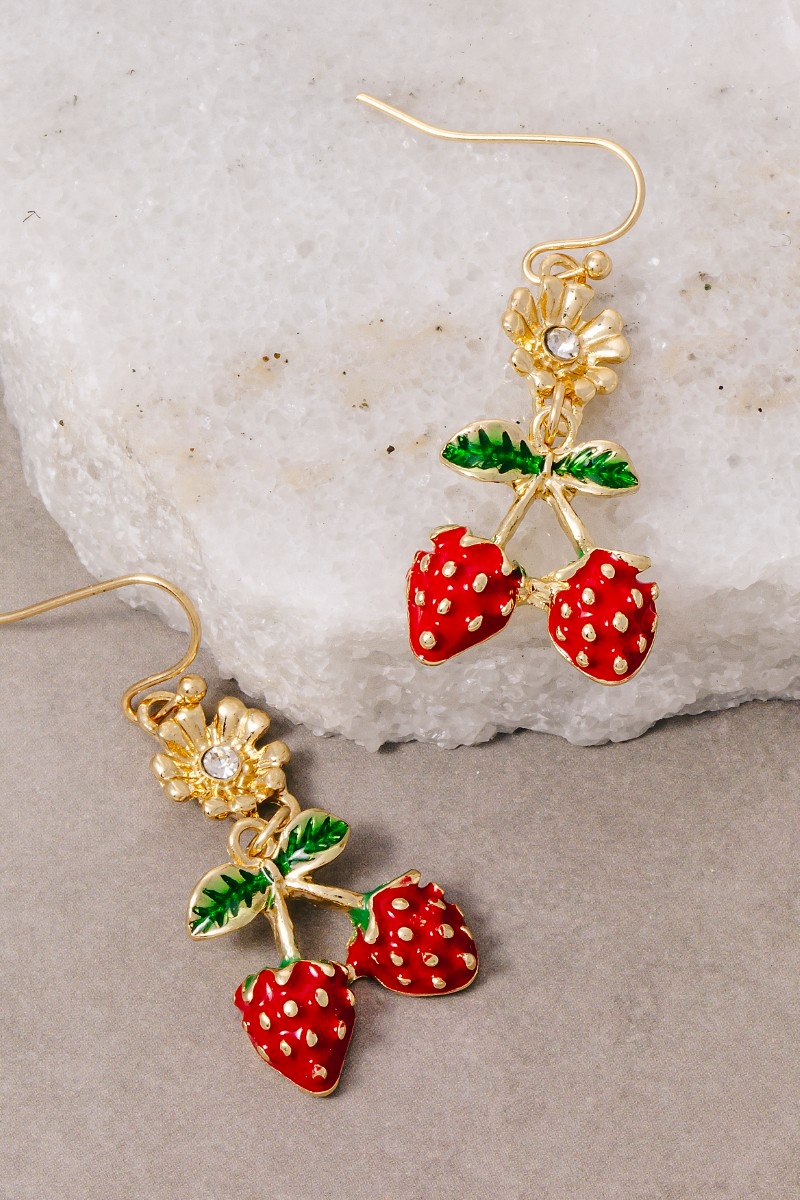 Flower And Strawberries Fruit Enamel Dangle Earrings