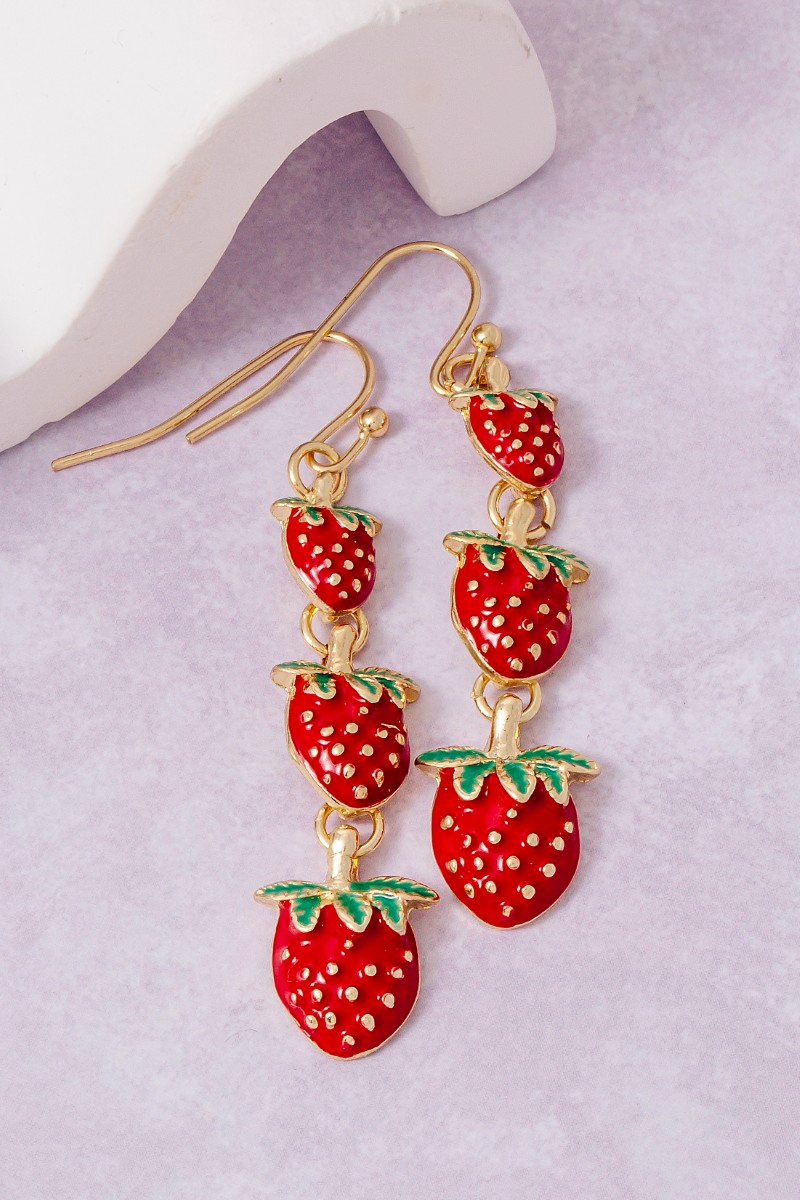 Multi Enamel Strawberry Fruit Link Dangle Earrings