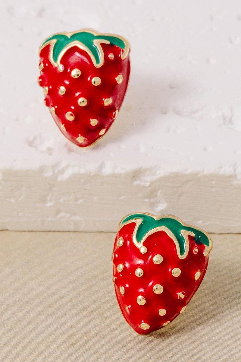 Enamel Strawberry Fruit Stud Earrings