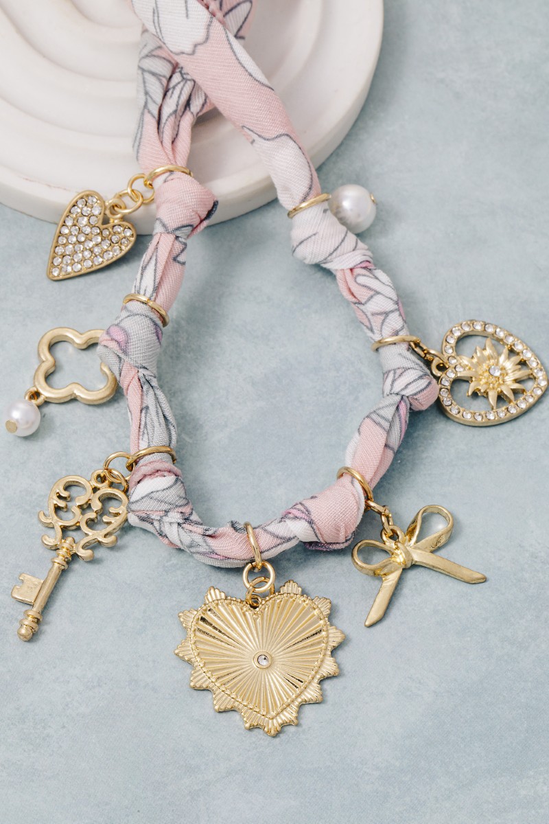 Mixed Heart Bow And Clover Charms Bandana Necklace
