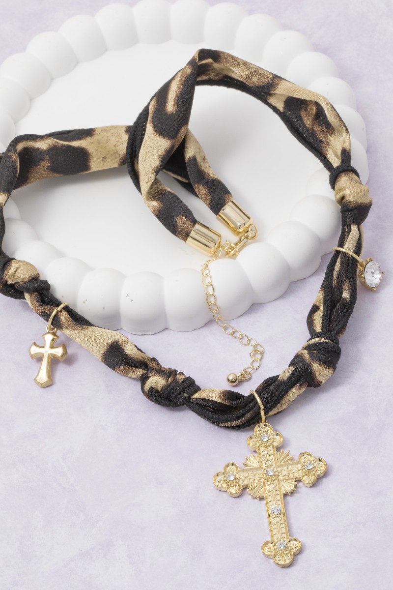 Cross Pendant And Charms Leopard Bandana Necklace