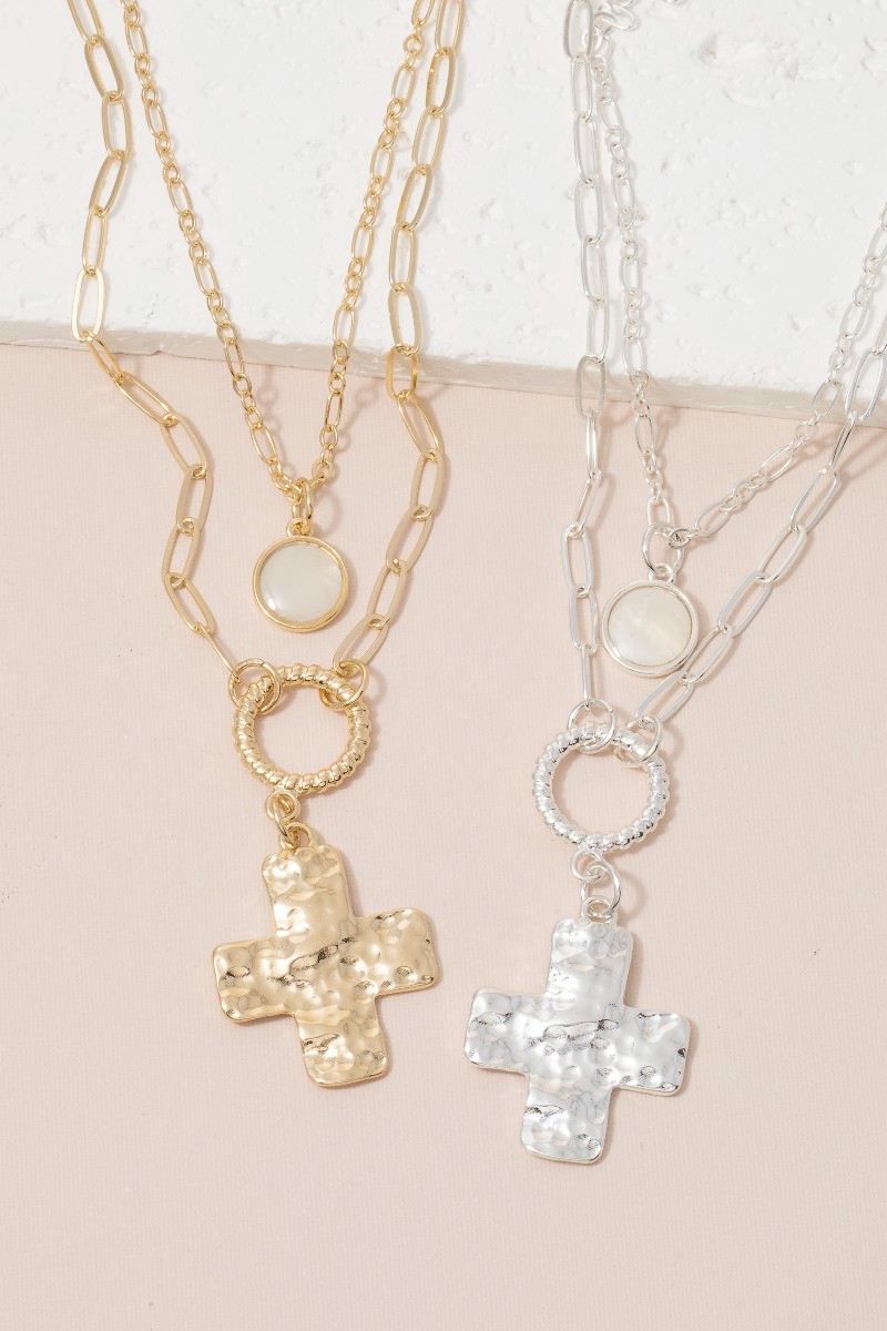 Hammered Cross Pendant Layered Necklace