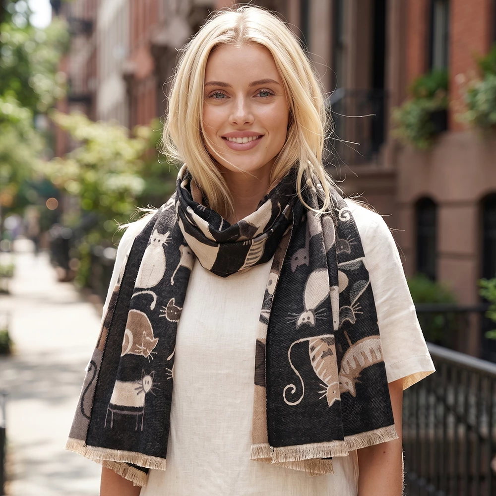 Cat Lover Print Lightweight Fringe Scarf