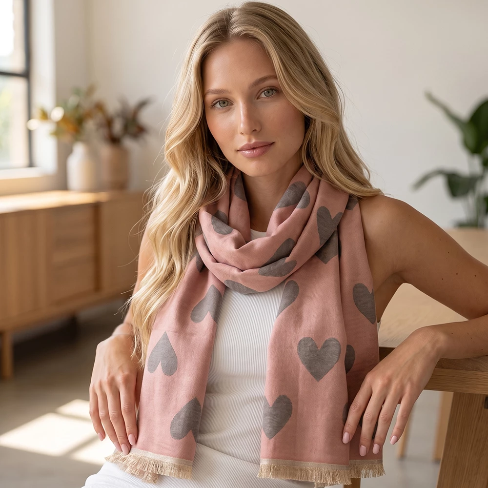 Heart Print Lightweight Fringe Scarf