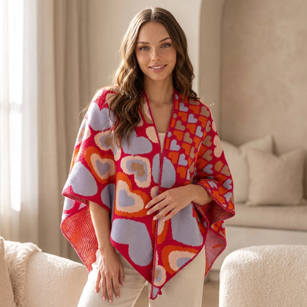 Retro Heart Print Open Front Ruana Wrap Scarf