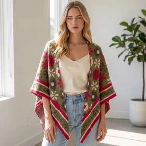 Bordered Floral Print Ruana Wrap Scarf