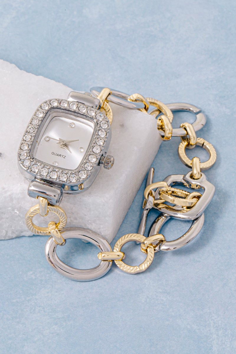 Two Tone Cz Toggle Chain Bracelet Watch