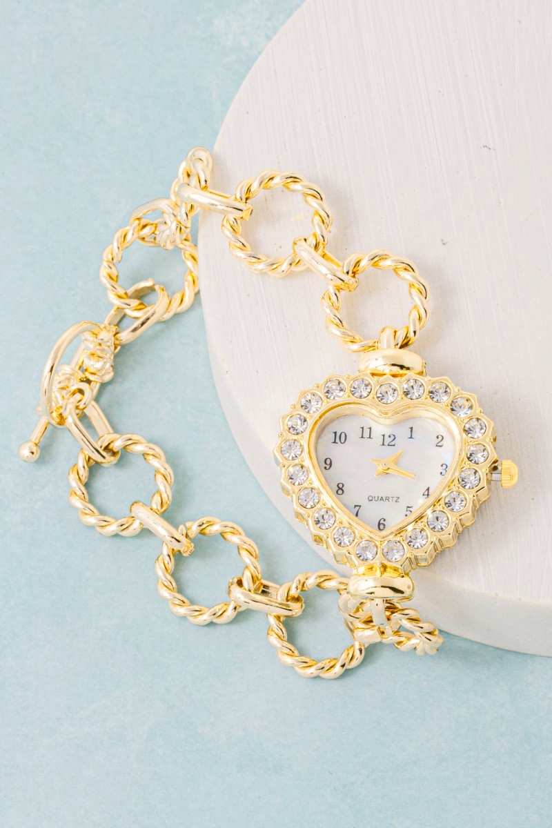 Cz Studded Heart Toggle Chain Bracelet Watch