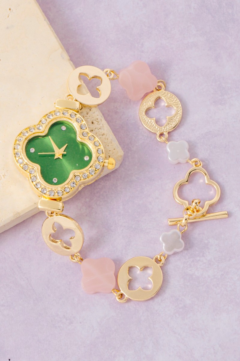 Green Pave Clover Toggle Chain Bracelet Watch
