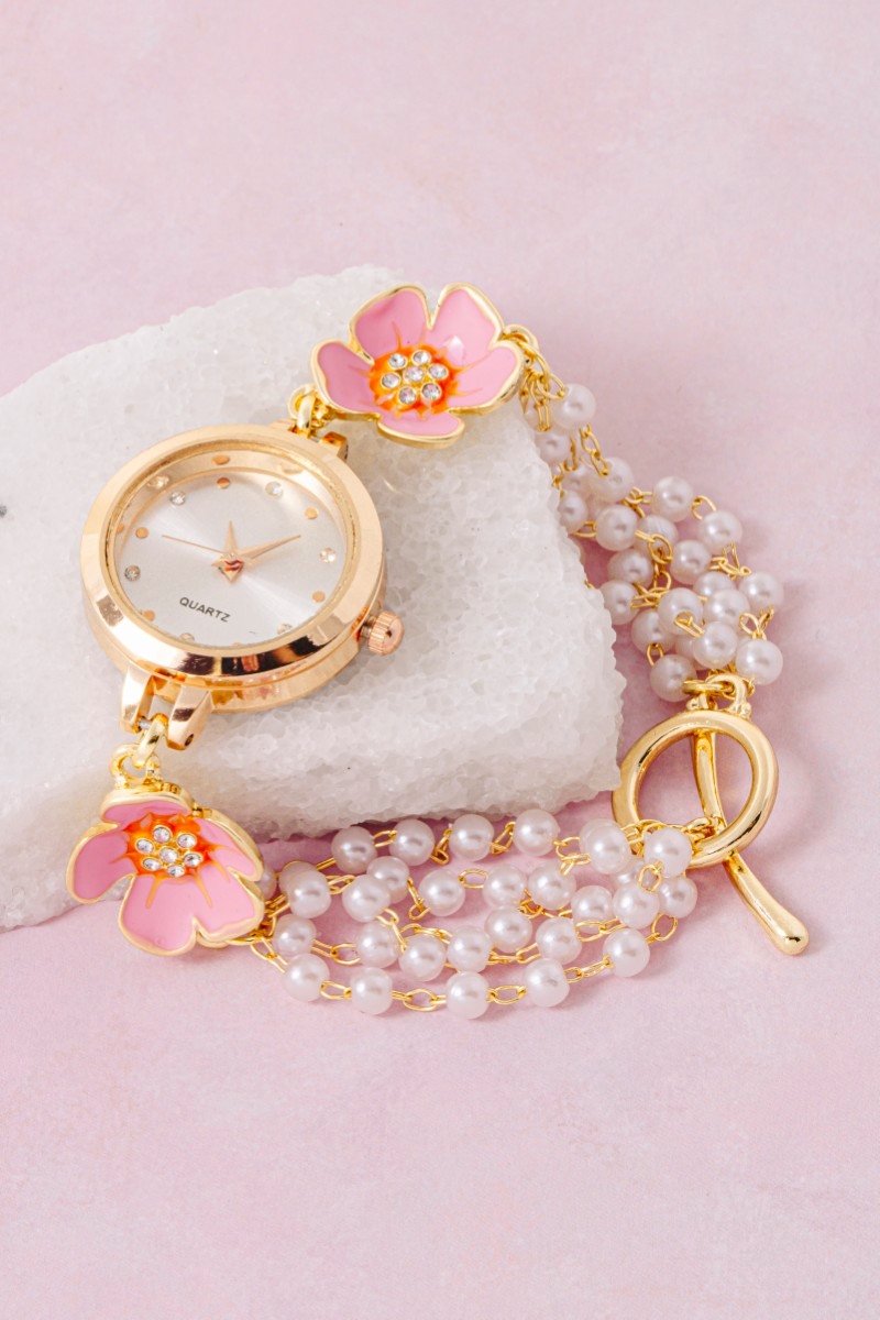 Double Flower Detail Chain Beads Bracelet Watch