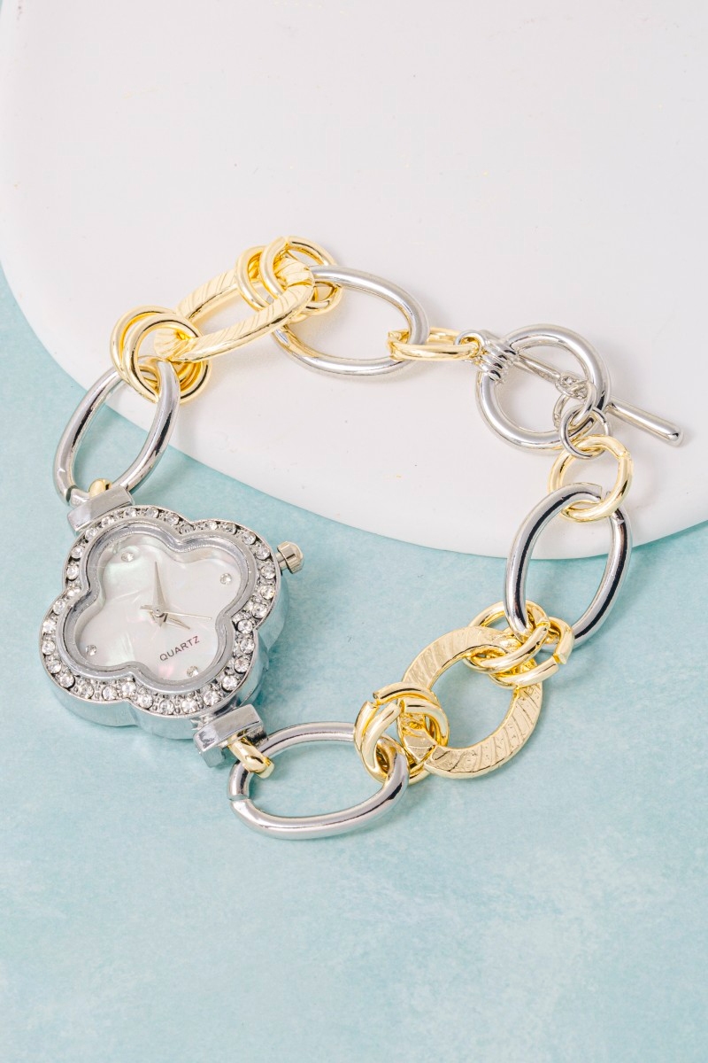 Cz Clover Two Tone Toggle Chain Bracelet