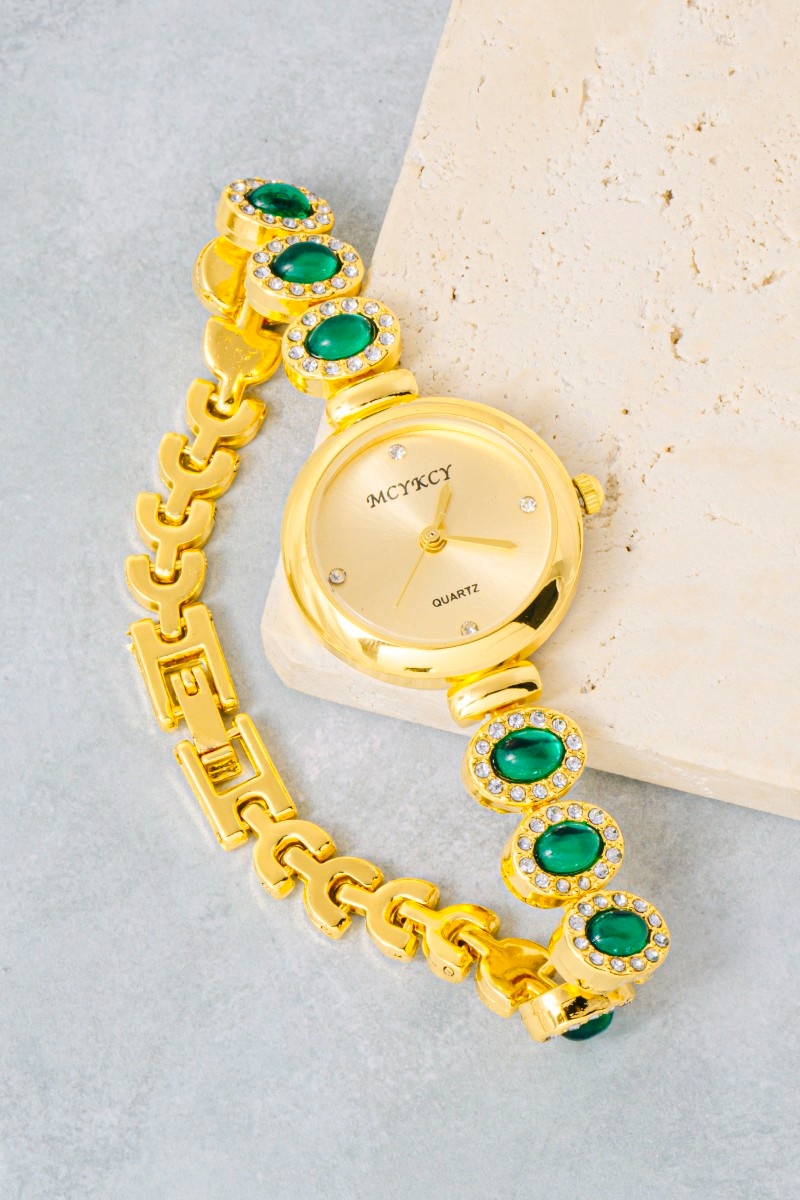 Gold Chain With Green Cz Studs Bracelet Watch