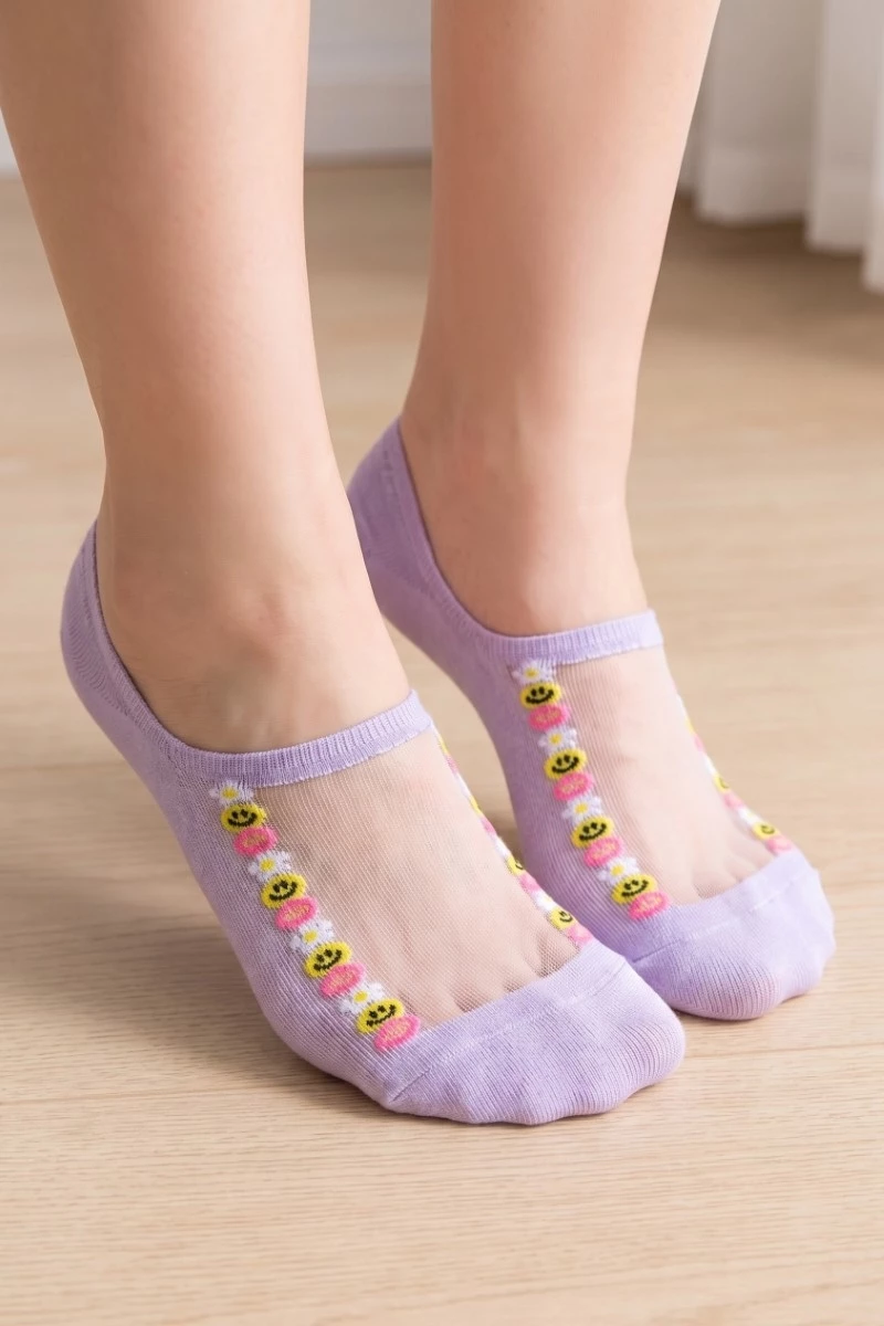 Lavender See Through Emoji Lined Low Rise Socks