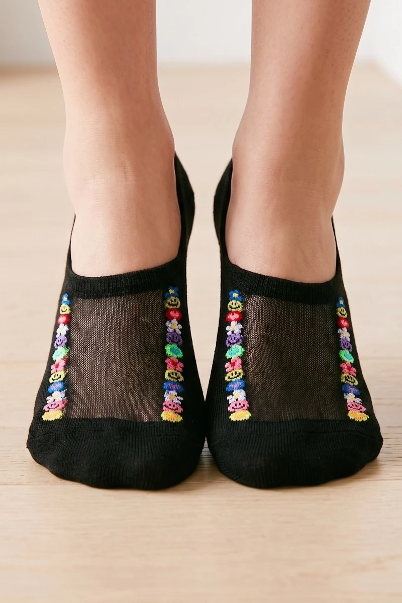 Black See Through Emoji Lined Low Rise Socks