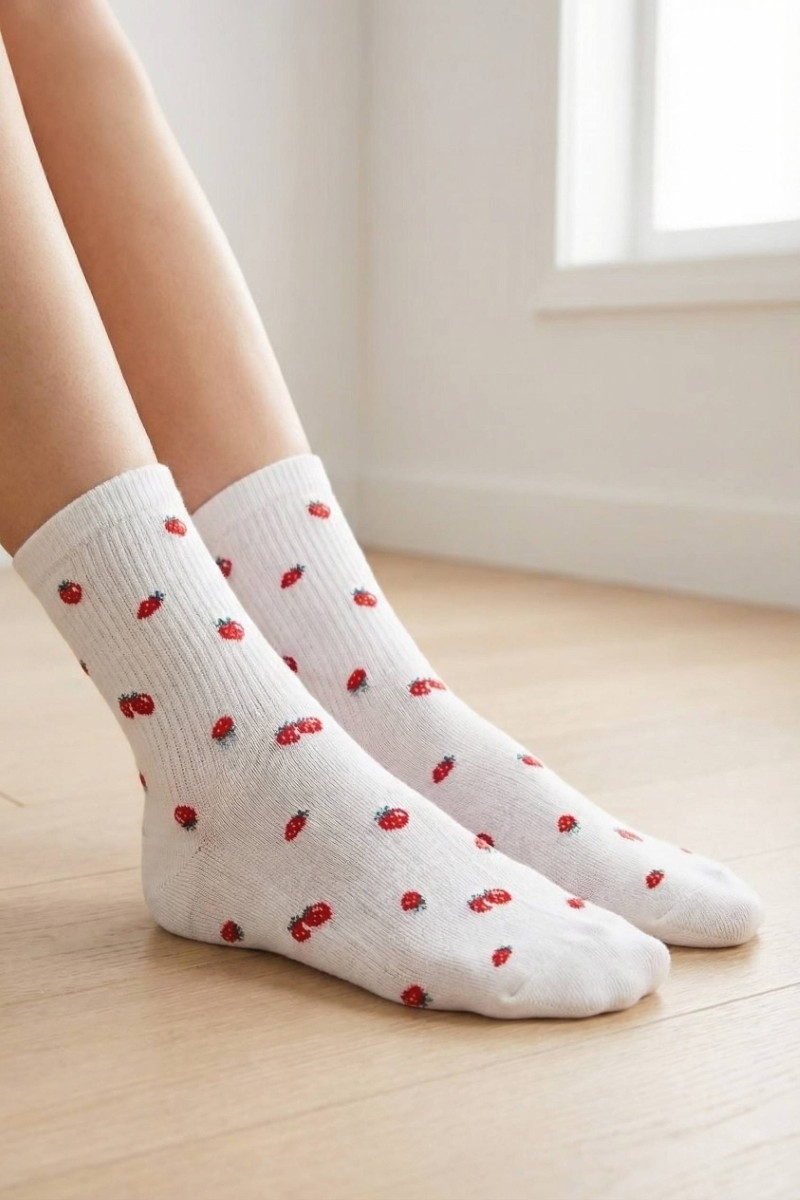 White Strawberry Print Socks