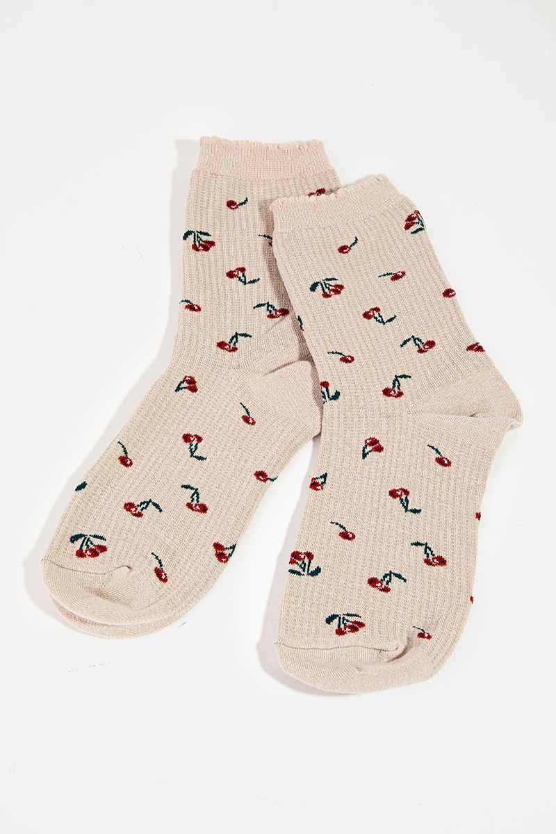 Beige Cherry Print Socks