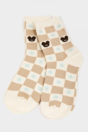 Checkered Flower Teddy Bear Socks