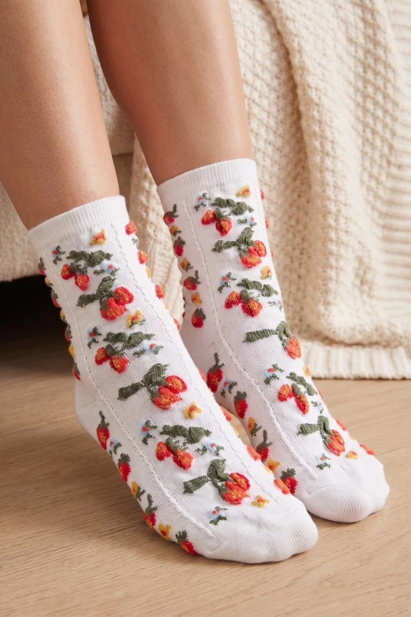 Strawberries And Flowers Embroidered White Socks