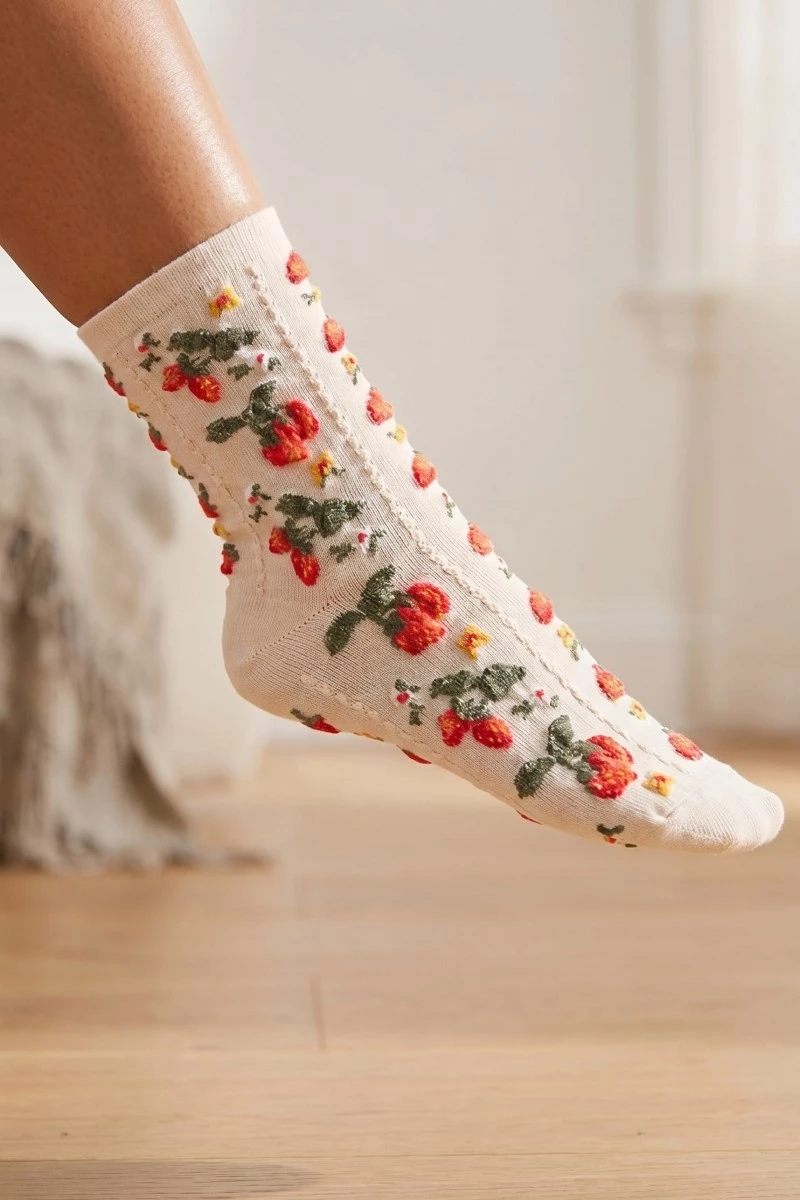 Strawberries And Flowers Embroidered Beige Socks