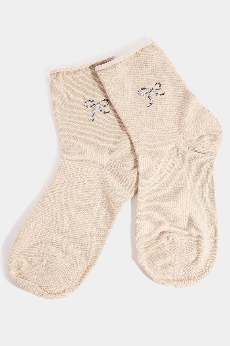 Sparkling Ribbon Bow Engraved Beige Socks