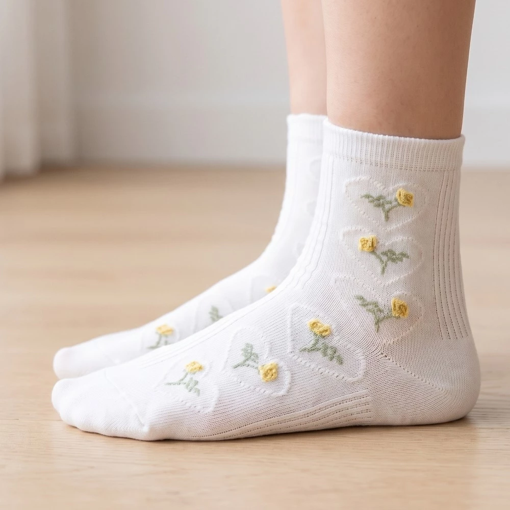 Yellow Embroidered Flowers White Socks