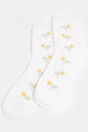 Yellow Embroidered Flowers White Socks