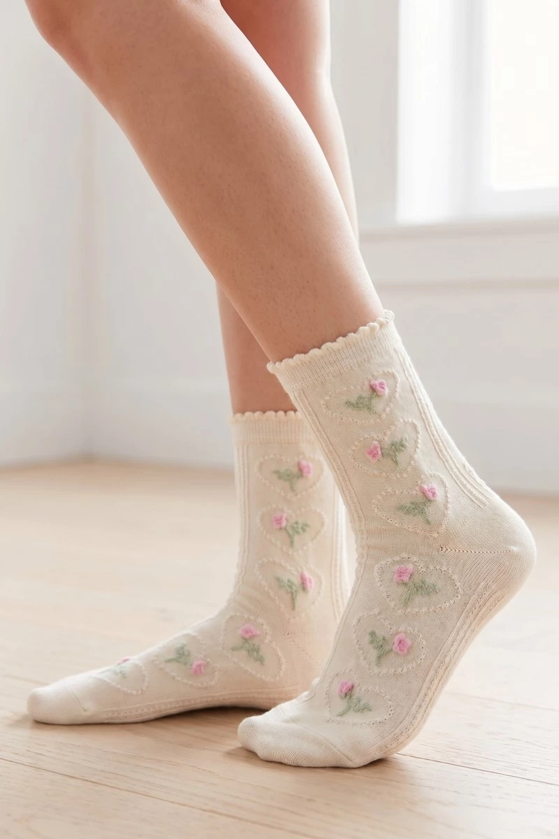 Beige Heart Halo Flower Embroidered Socks
