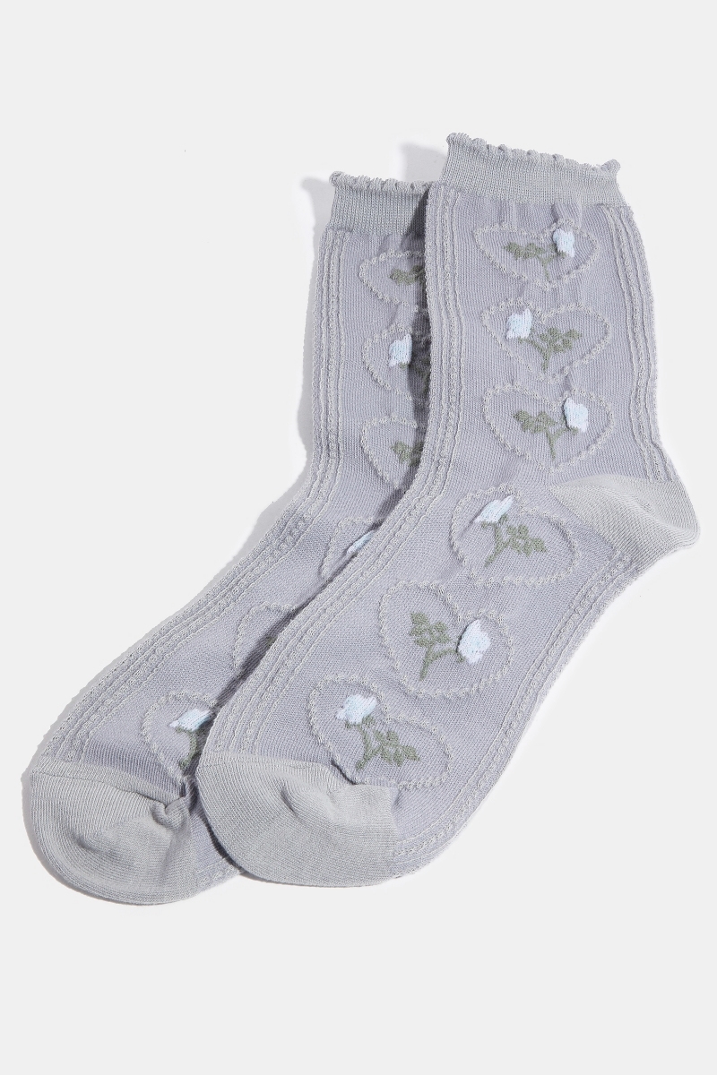 Gray Heart Flower Embroidered Socks