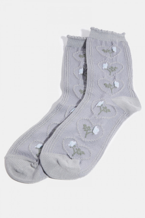 Gray Heart Flower Embroidered Socks