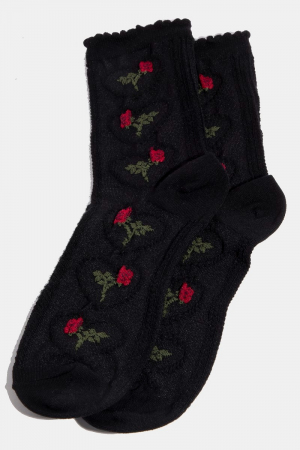 Black Heart Halo Flower Embroidered Socks