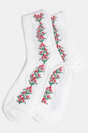 White Floral Tulip Vine Embroidered Socks