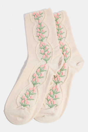 Beige Floral Tulip Vine Embroidered Socks