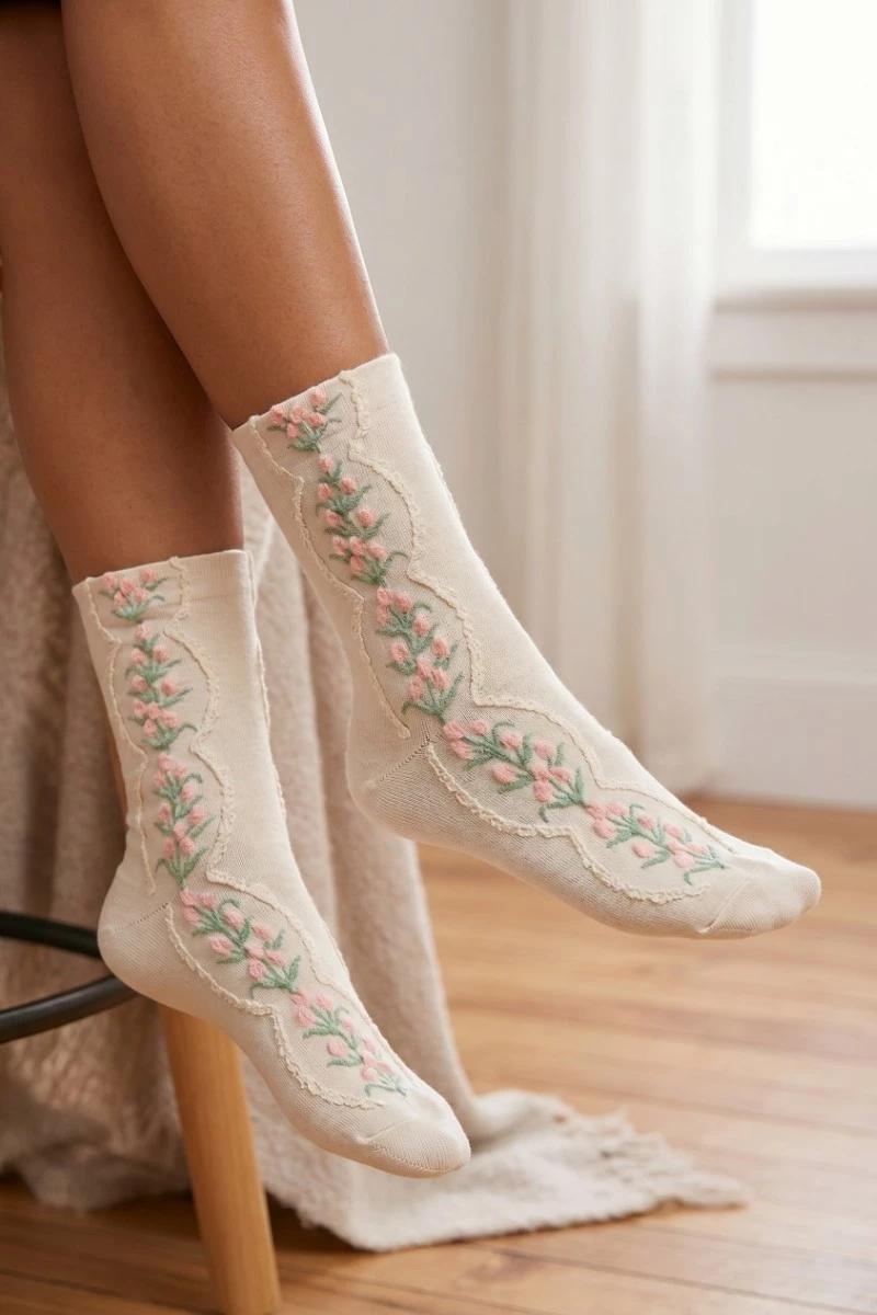 Beige Floral Tulip Vine Embroidered Socks