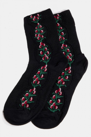 Black Floral Tulip Vine Embroidered Socks