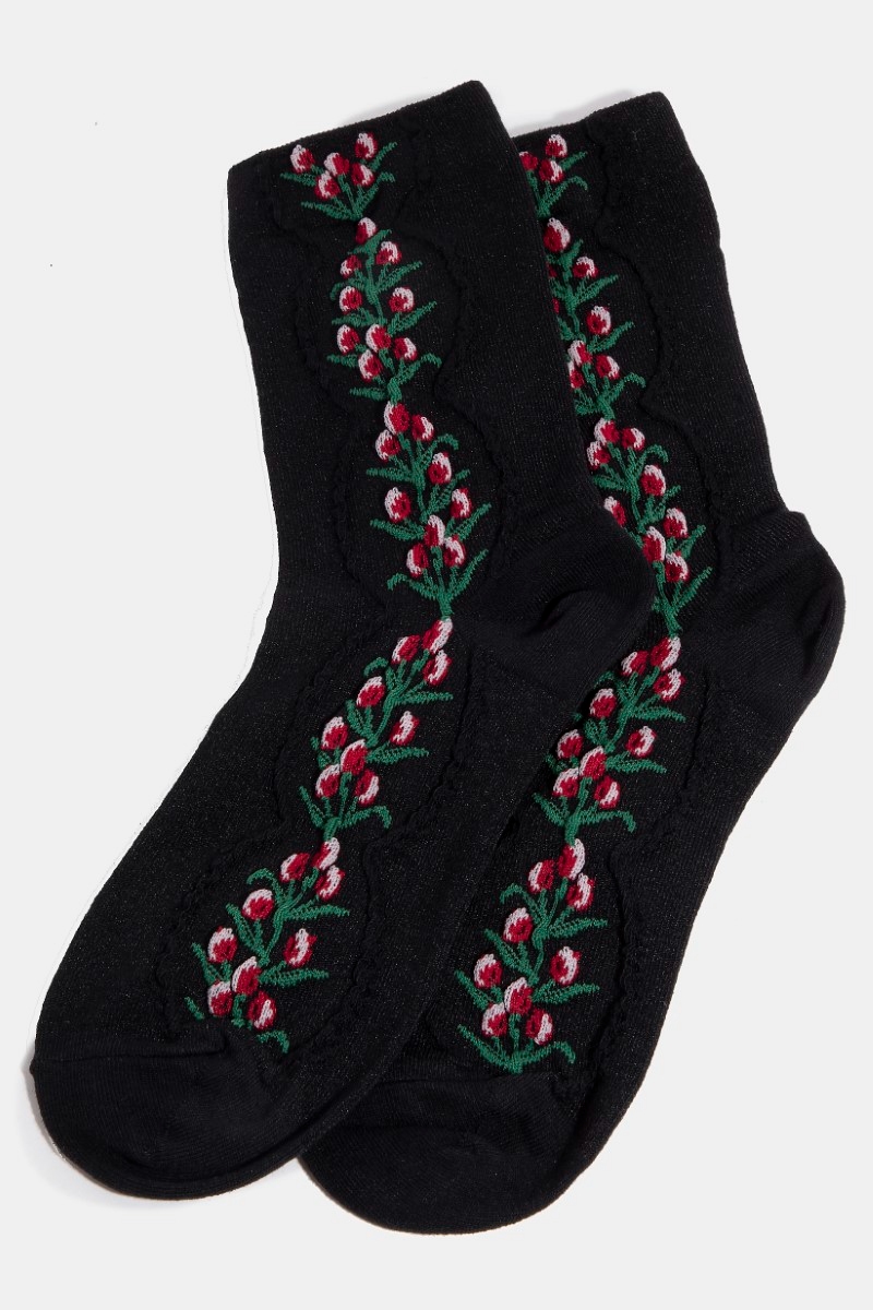 Black Floral Tulip Vine Embroidered Socks