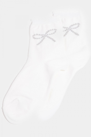 Silver Glitter Ribbon Bow Embroidered White Socks