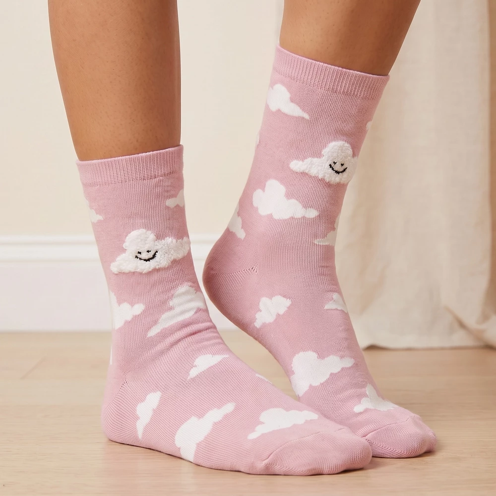 Smiling Cloud Print Crew Socks