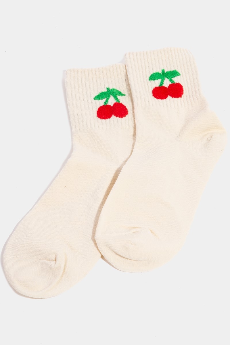 Cherry Embroidered Beige Socks