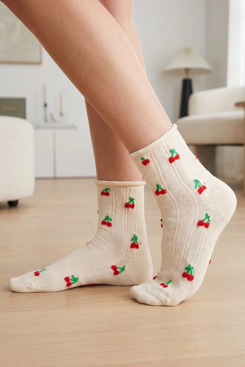 Intricate Cherry Embroidered Beige Socks
