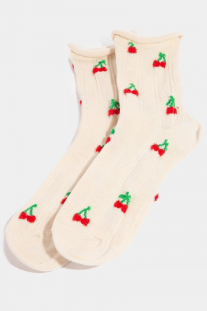Intricate Cherry Embroidered Beige Socks