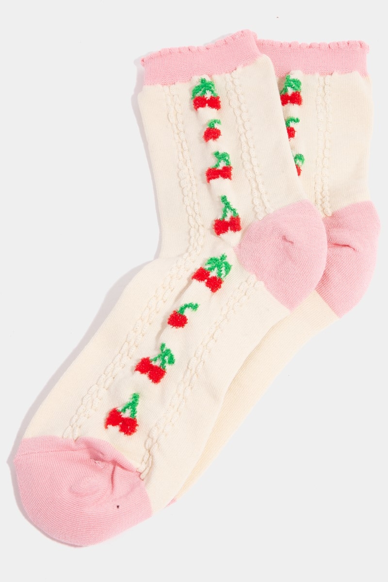 Pink Accent Cherry Embroidered Beige Socks